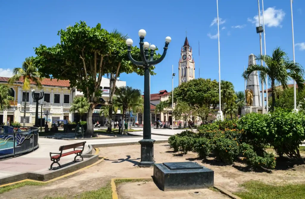 Iquitos's main plaza with a partial view of its Cathedral.